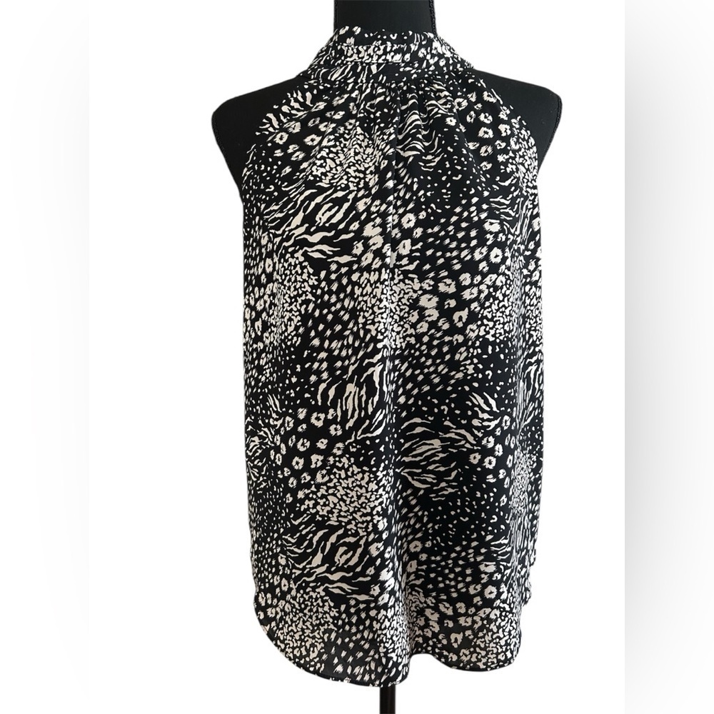 Elie Tahari Black Animal Print High Neck Sleeveless Blouse Elegant Work Top XS